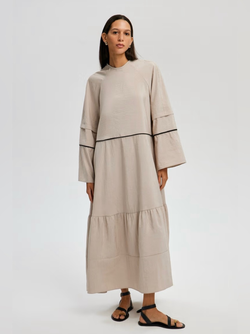 Touché Privé Beige Stone Long Sleeve Tiered Maxi Cupra Dress Minimalist Size 38